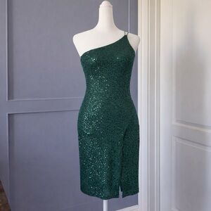 Elegant One-Shoulder Sequin Dress in Green Junior Size Small